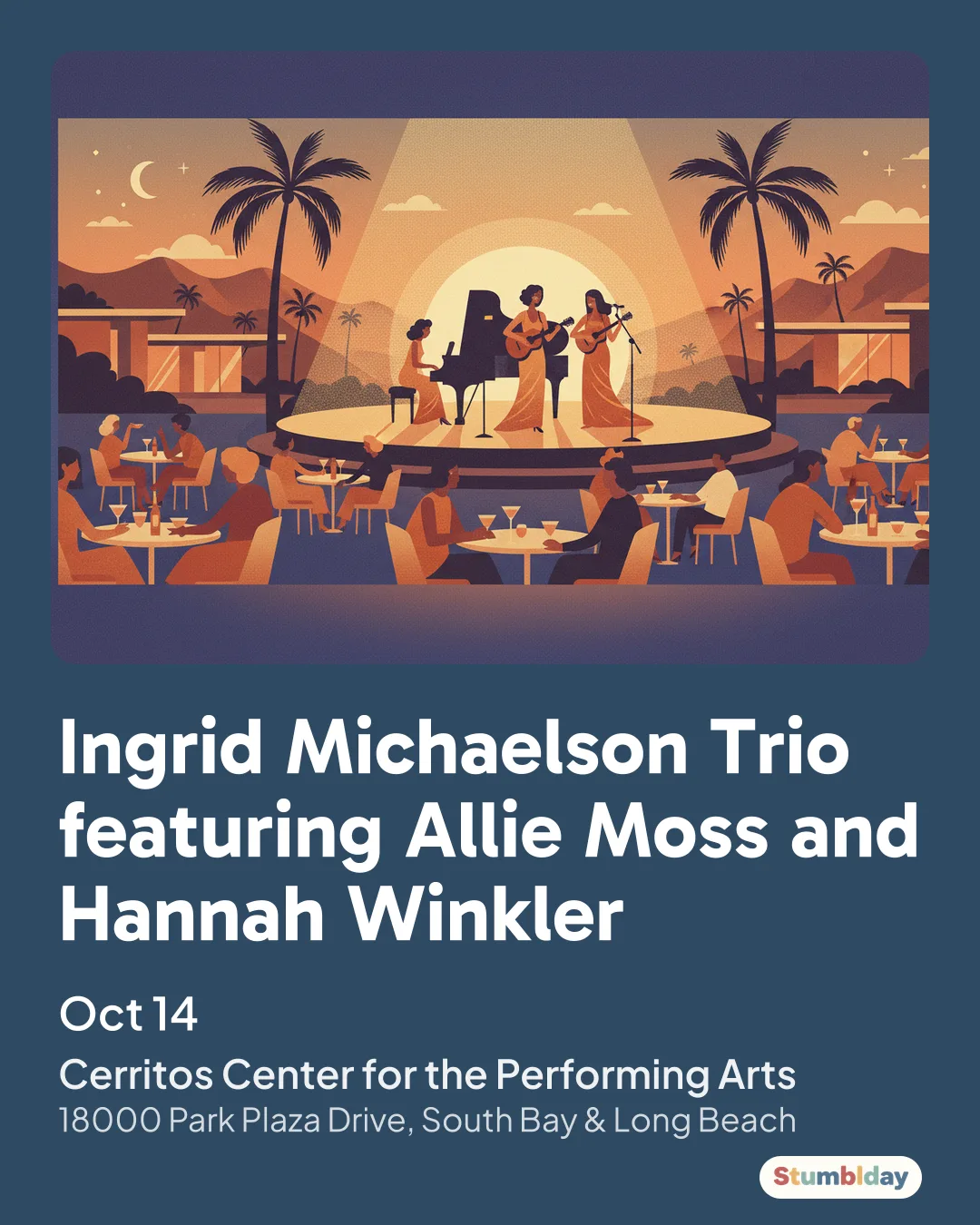 Flyer for Ingrid Michaelson Trio featuring Allie Moss and Hannah Winkler: Oct 14 at Cerritos Center for the Performing Arts