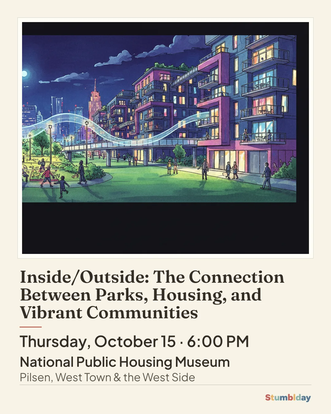 Flyer for Inside/Outside: The Connection Between Parks, Housing, and Vibrant Communities: Thursday, October 15 · 6:00 PM at National Public Housing Museum