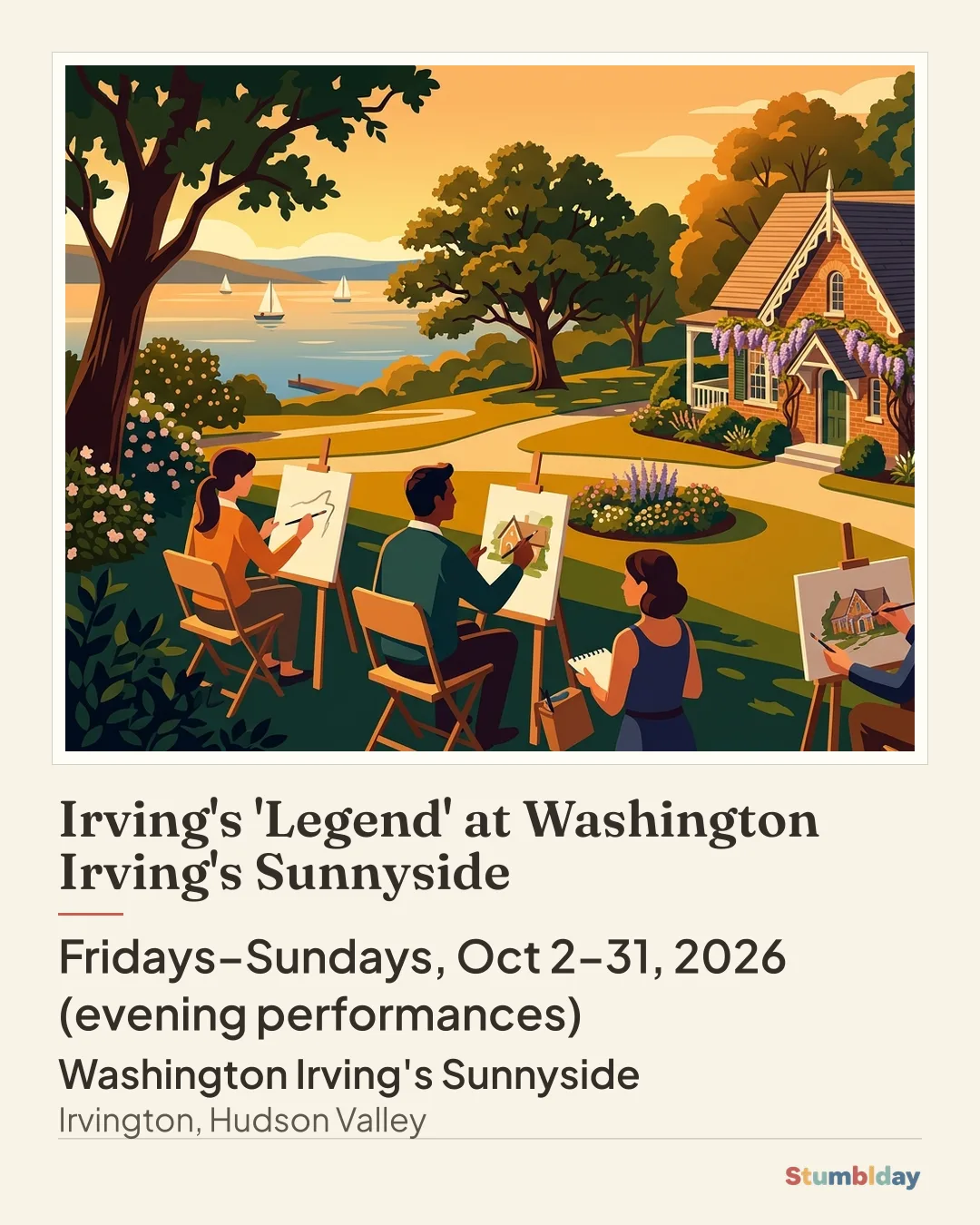 Flyer for Irving's 'Legend' at Washington Irving's Sunnyside: Fridays–Sundays, Oct 2–31, 2026 (evening performances) at Washington Irving's Sunnyside