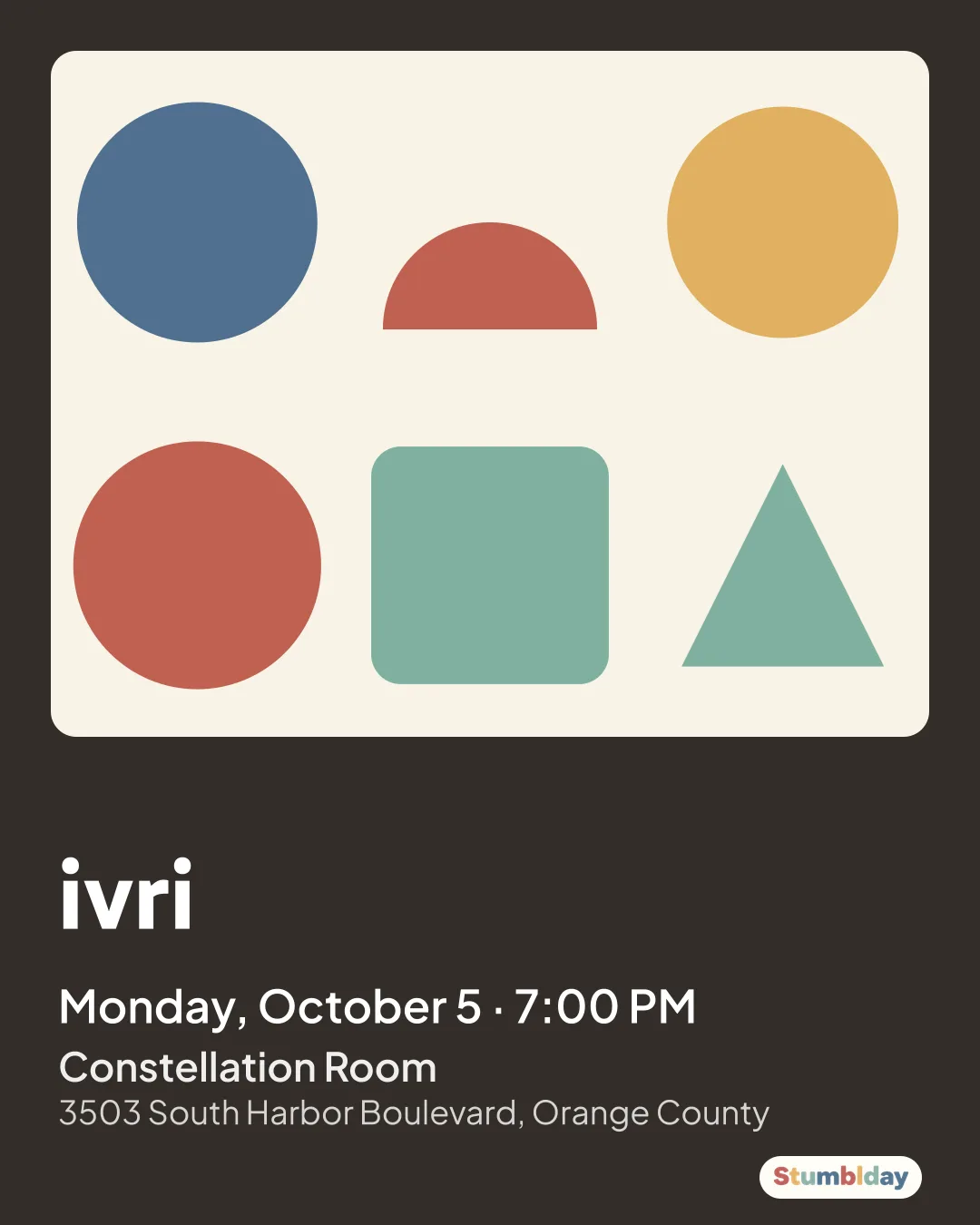 Flyer for ivri: Monday, October 5 · 7:00 PM at Constellation Room