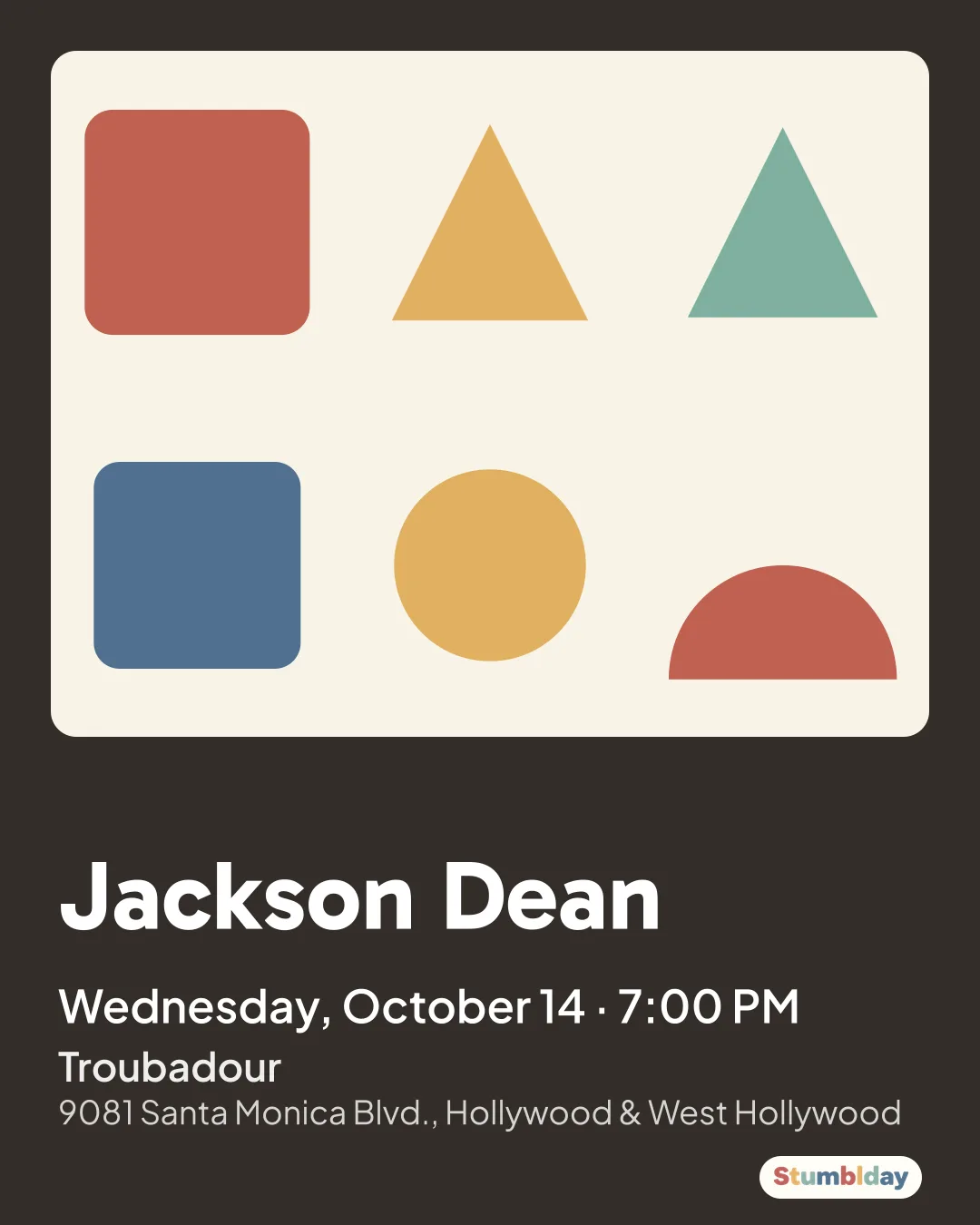 Flyer for Jackson Dean: Wednesday, October 14 · 7:00 PM at Troubadour