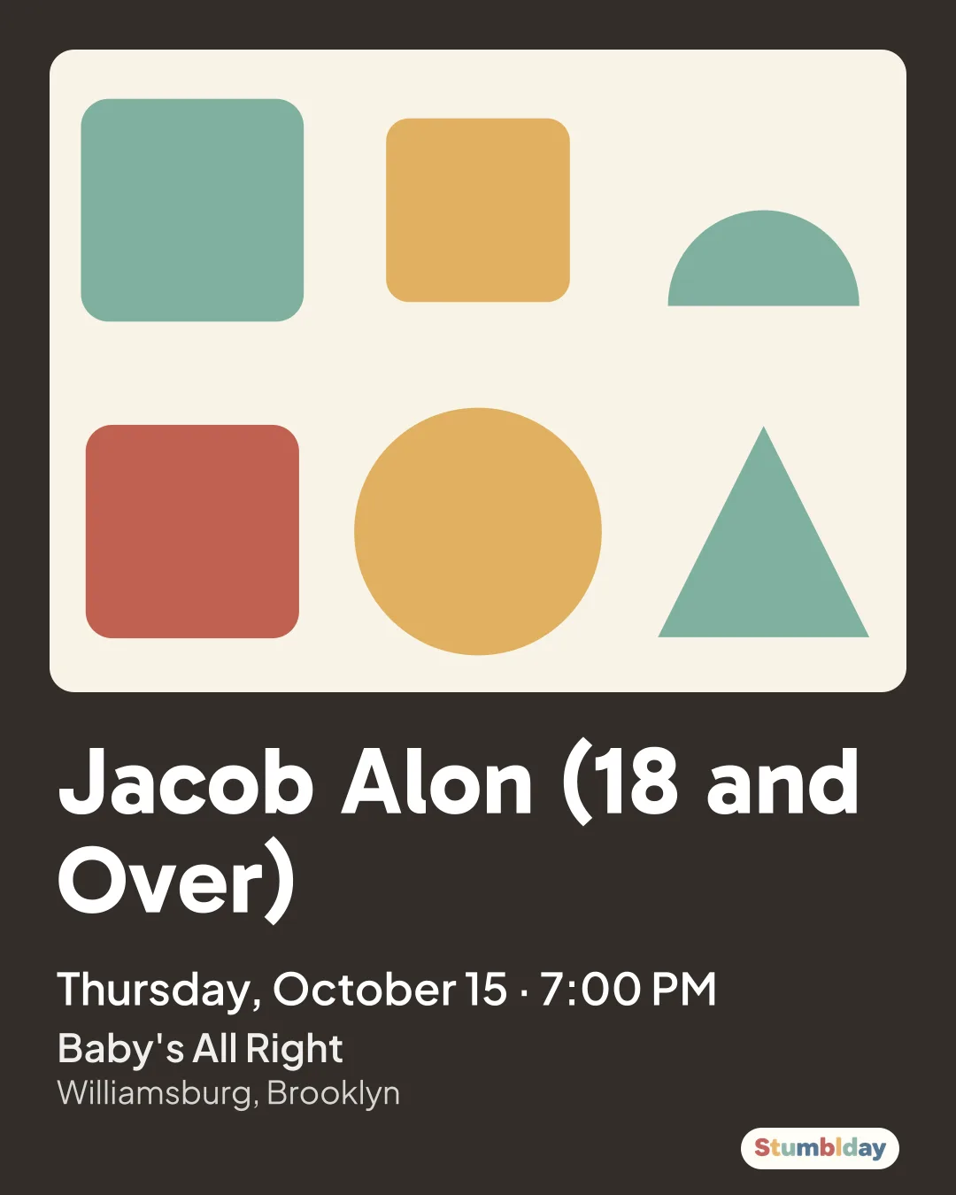 Flyer for Jacob Alon (18 and Over): Thursday, October 15 · 7:00 PM at Baby's All Right