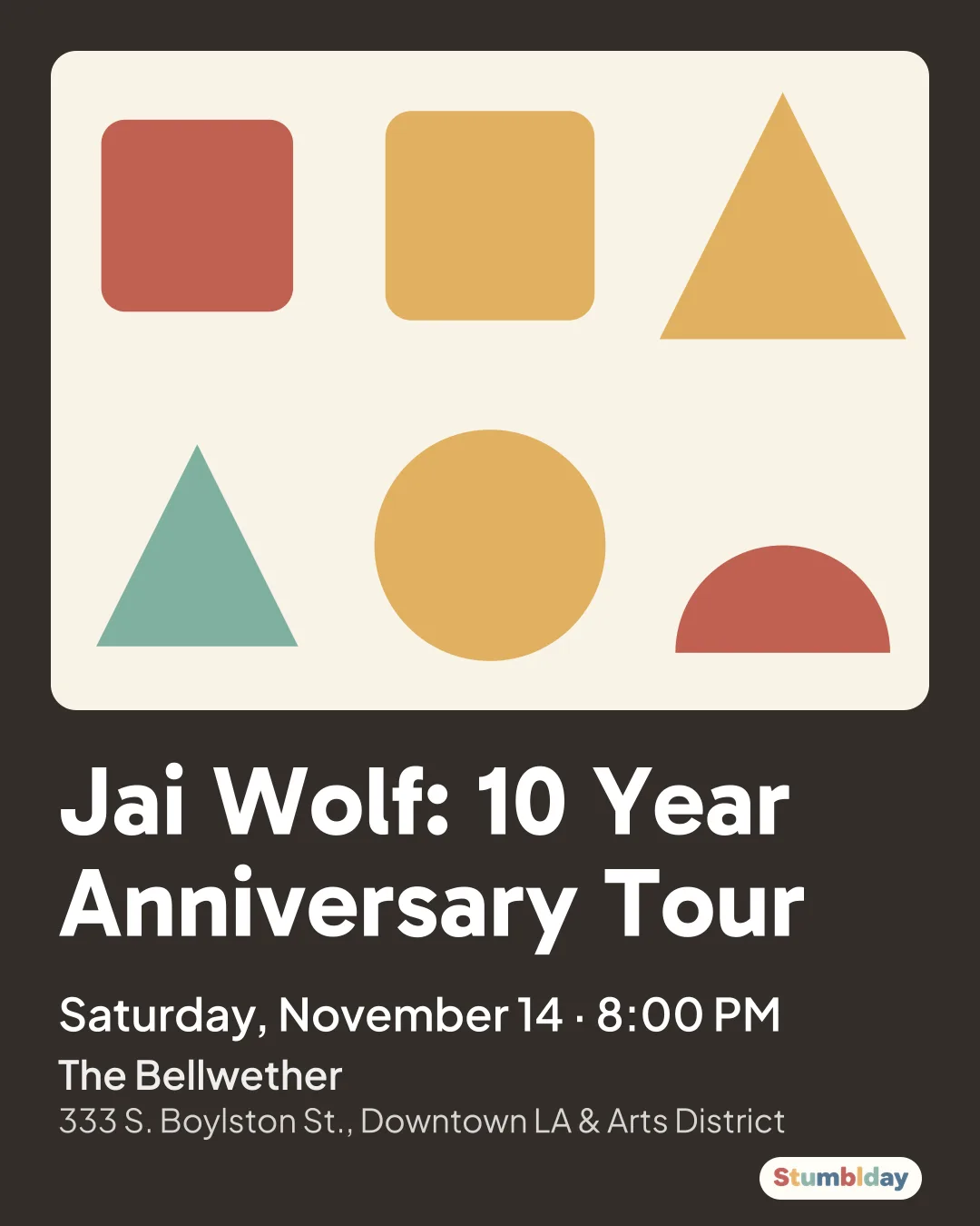 Flyer for Jai Wolf: 10 Year Anniversary Tour: Saturday, November 14 · 8:00 PM at The Bellwether
