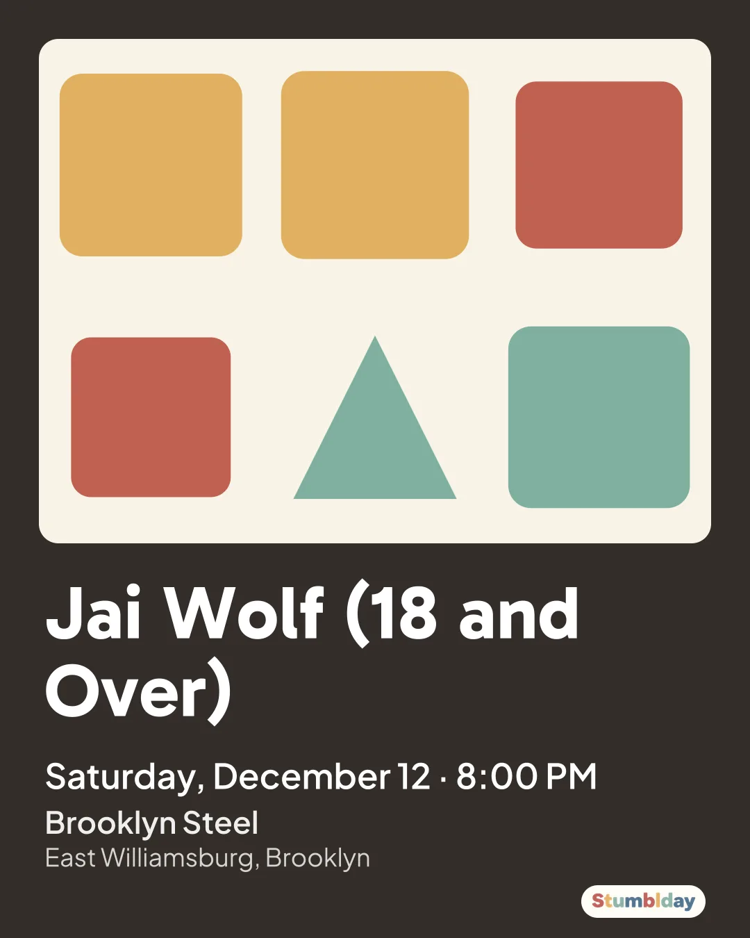 Flyer for Jai Wolf (18 and Over): Saturday, December 12 · 8:00 PM at Brooklyn Steel