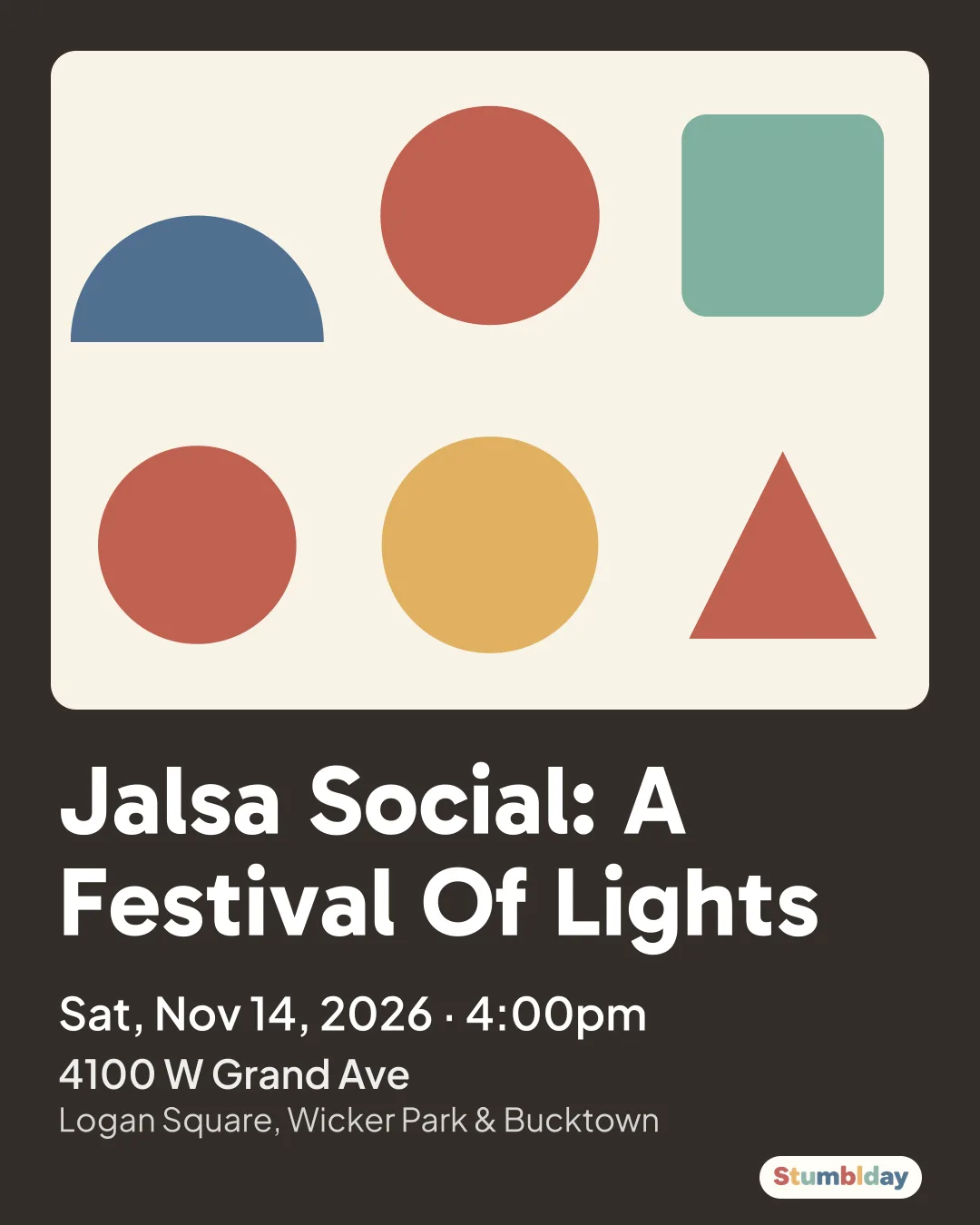 Flyer for Jalsa Social: A Festival Of Lights: Sat, Nov 14, 2026 · 4:00pm at 4100 W Grand Ave