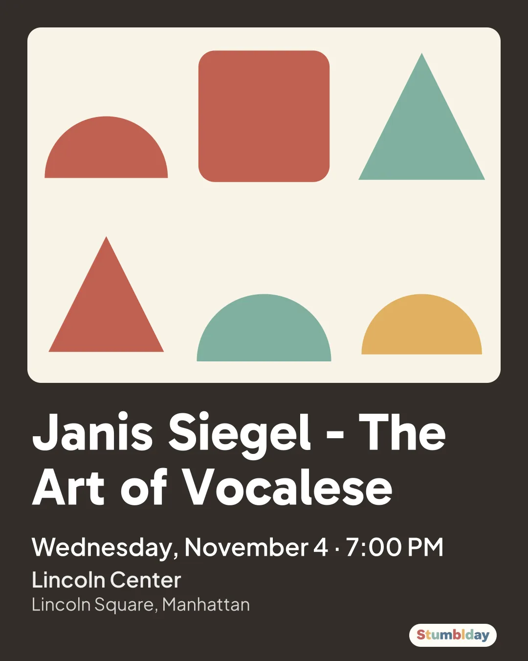 Flyer for Janis Siegel - The Art of Vocalese: Wednesday, November 4 · 7:00 PM at Lincoln Center