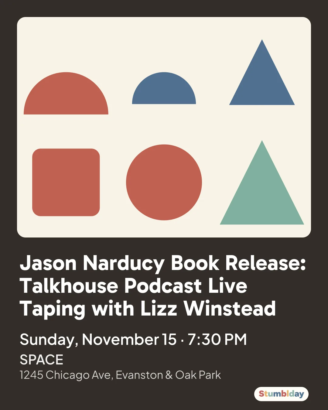 Flyer for Jason Narducy Book Release: Talkhouse Podcast Live Taping with Lizz Winstead: Sunday, November 15 · 7:30 PM at SPACE