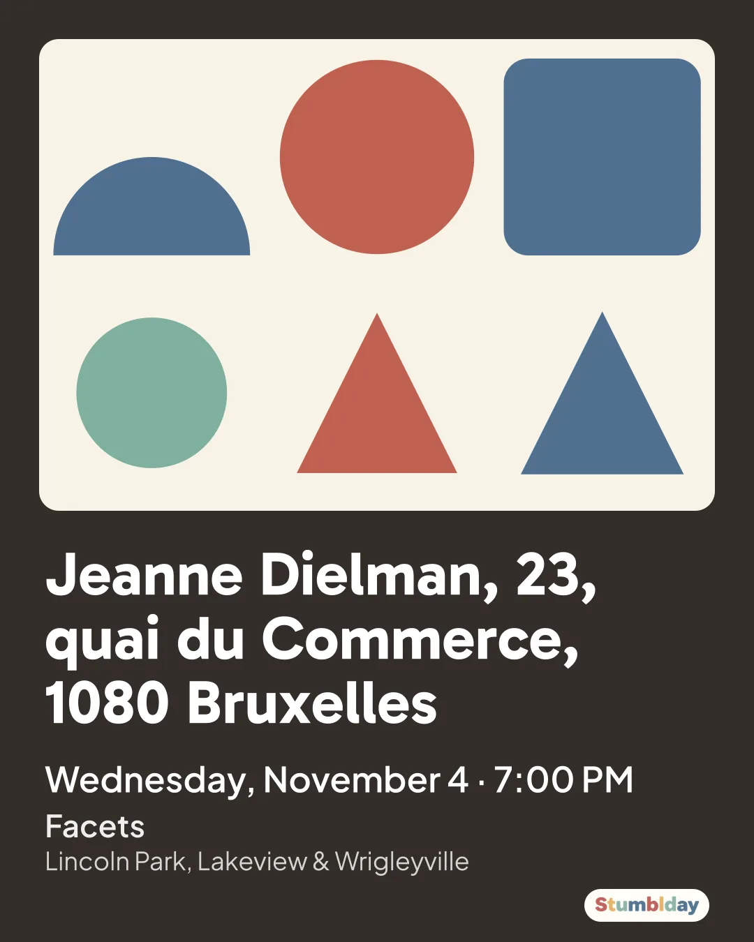 Flyer for Jeanne Dielman, 23, quai du Commerce, 1080 Bruxelles: Wednesday, November 4 · 7:00 PM at Facets