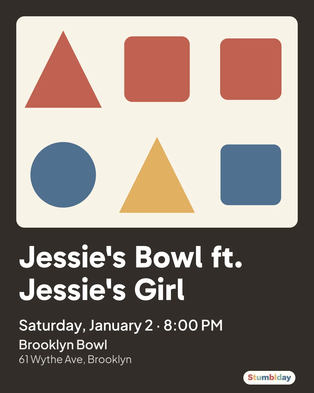 Flyer for Jessie's Bowl ft. Jessie's Girl: Saturday, January 2 · 8:00 PM at Brooklyn Bowl