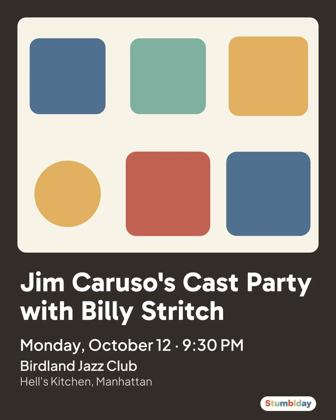 Flyer for Jim Caruso's Cast Party with Billy Stritch: Monday, October 5 · 9:30 PM at Birdland Jazz Club