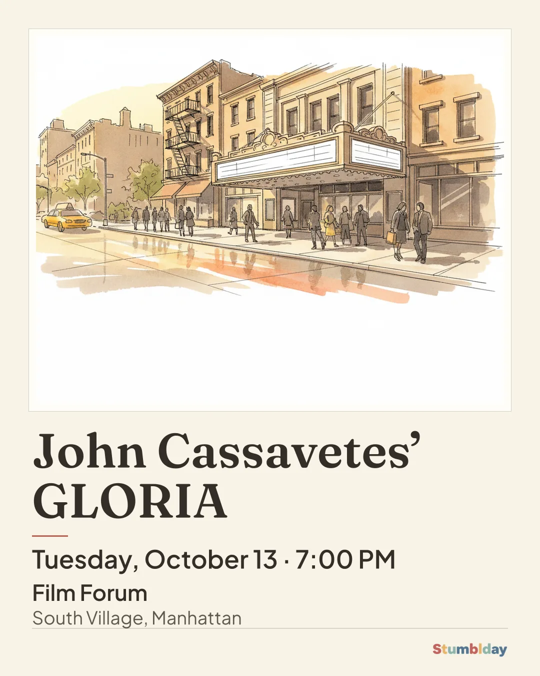 Flyer for John Cassavetes’ GLORIA: Tuesday, October 13 · 7:00 PM at Film Forum