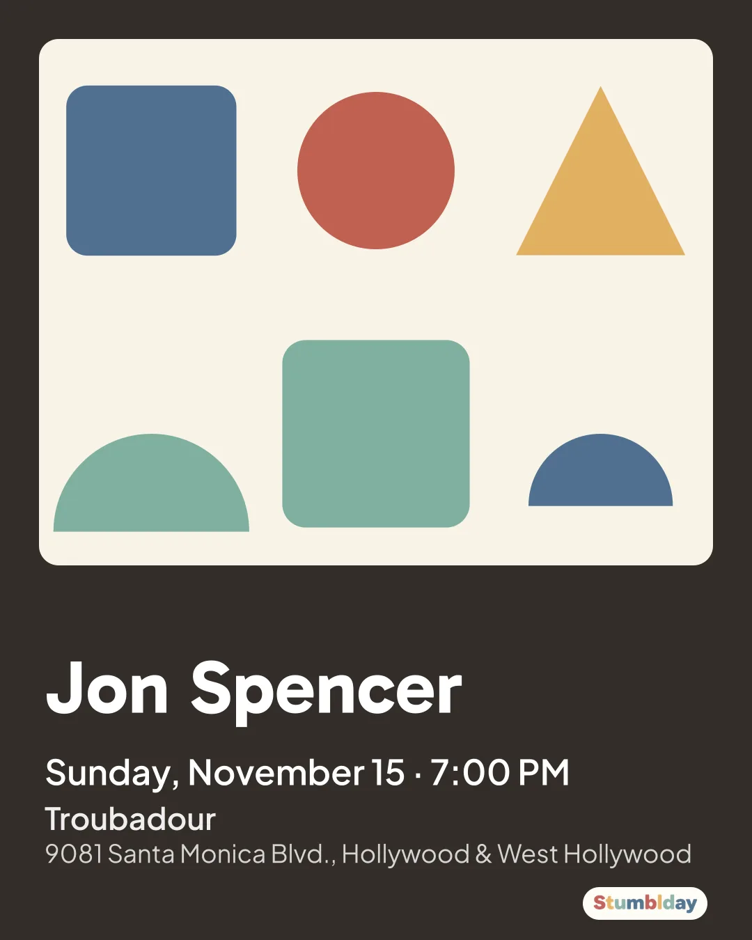 Flyer for Jon Spencer: Sunday, November 15 · 7:00 PM at Troubadour