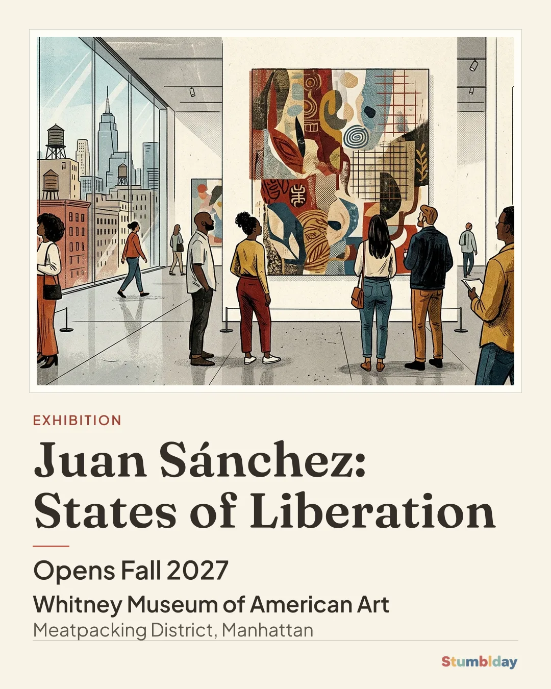 Flyer for Juan Sánchez: States of Liberation: Opens Fall 2027 at Whitney Museum of American Art