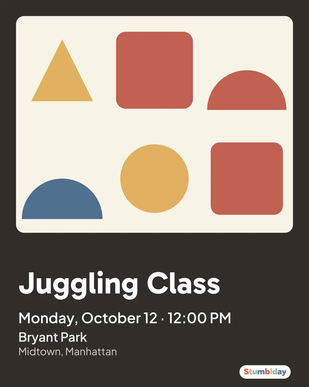 Flyer for Juggling Class: Monday, October 12 · 12:00 PM at Bryant Park