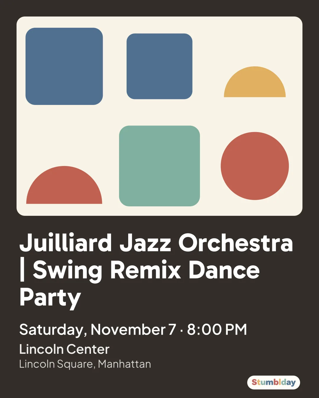 Flyer for Juilliard Jazz Orchestra | Swing Remix Dance Party: Saturday, November 7 · 8:00 PM at Lincoln Center