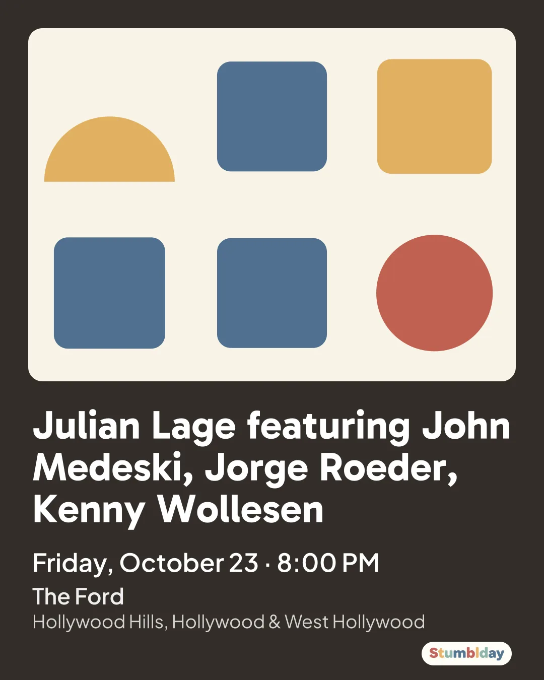 Flyer for Julian Lage featuring John Medeski, Jorge Roeder, Kenny Wollesen: Friday, October 23 · 8:00 PM at The Ford