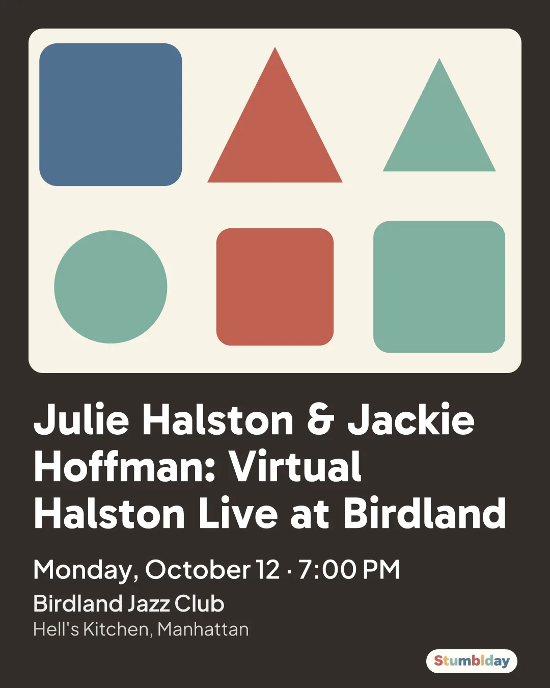 Flyer for Julie Halston & Jackie Hoffman: Virtual Halston Live at Birdland: Monday, October 12 · 7:00 PM at Birdland Jazz Club