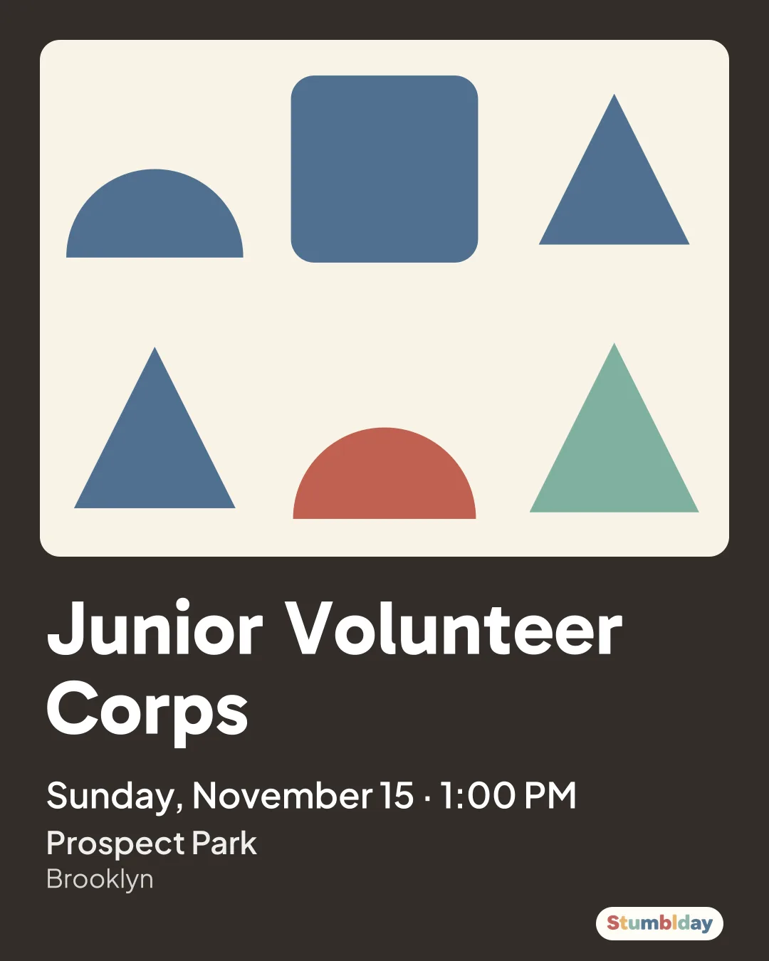 Flyer for Junior Volunteer Corps: Sunday, November 15 · 1:00 PM at Prospect Park