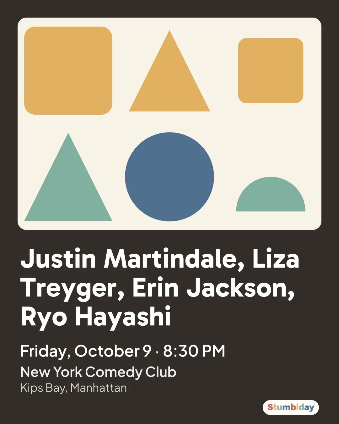 Flyer for Justin Martindale, Liza Treyger, Erin Jackson, Ryo Hayashi: Friday, October 9 · 8:30 PM at New York Comedy Club