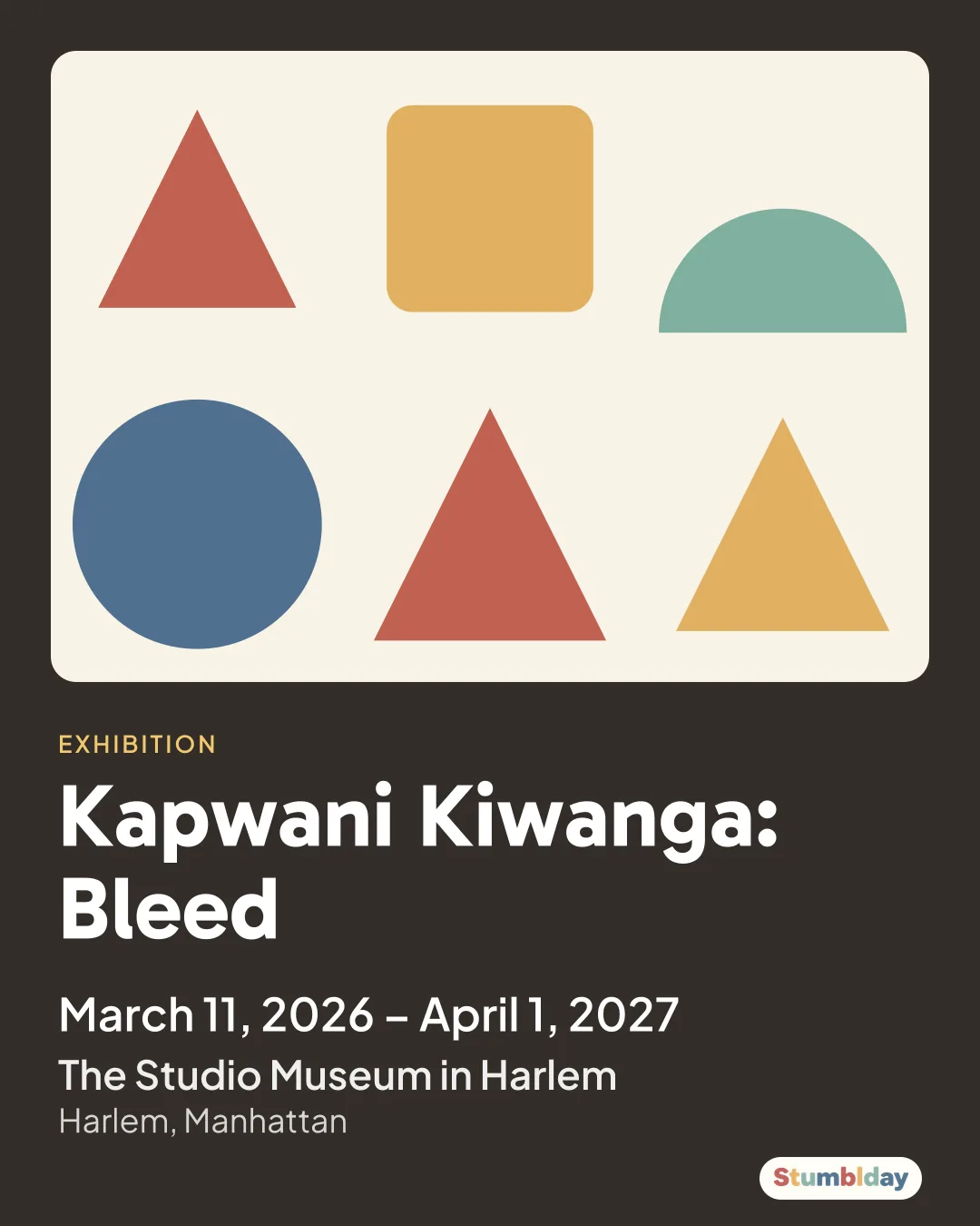 Flyer for Kapwani Kiwanga: Bleed: March 11, 2026 – April 1, 2027 at The Studio Museum in Harlem