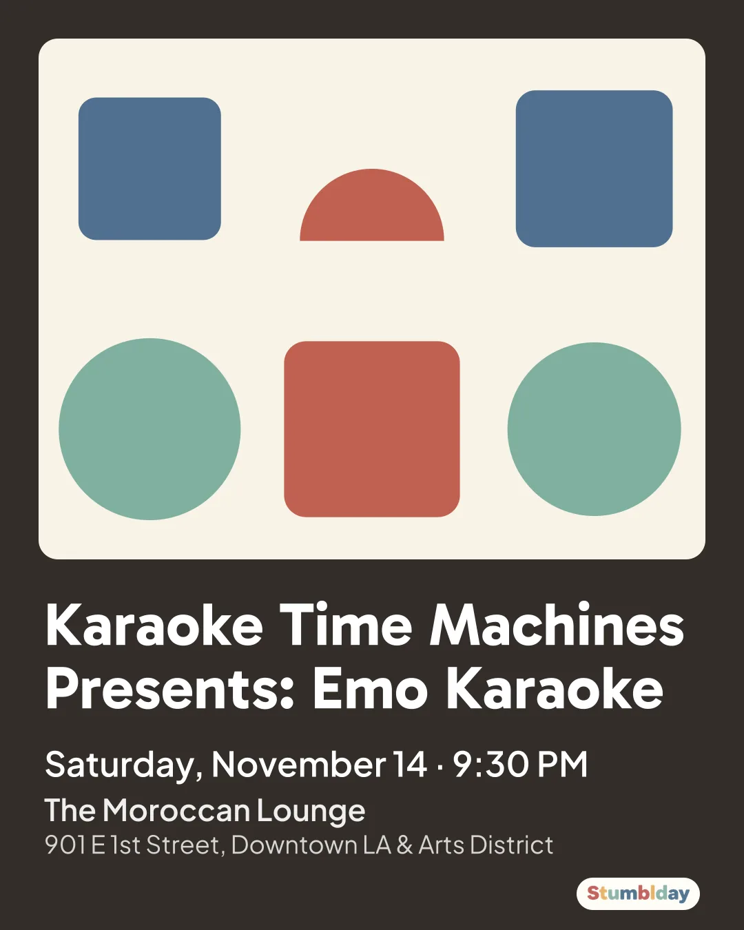 Flyer for Karaoke Time Machines Presents: Emo Karaoke: Saturday, November 14 ¡ 9:30 PM at The Moroccan Lounge