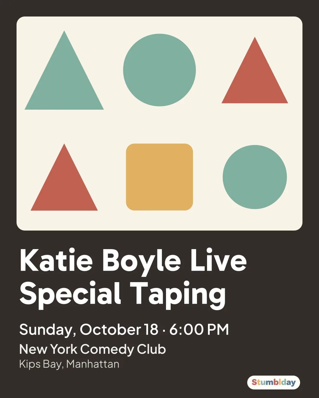 Flyer for Katie Boyle Live Special Taping: Sunday, October 18 · 6:00 PM at New York Comedy Club