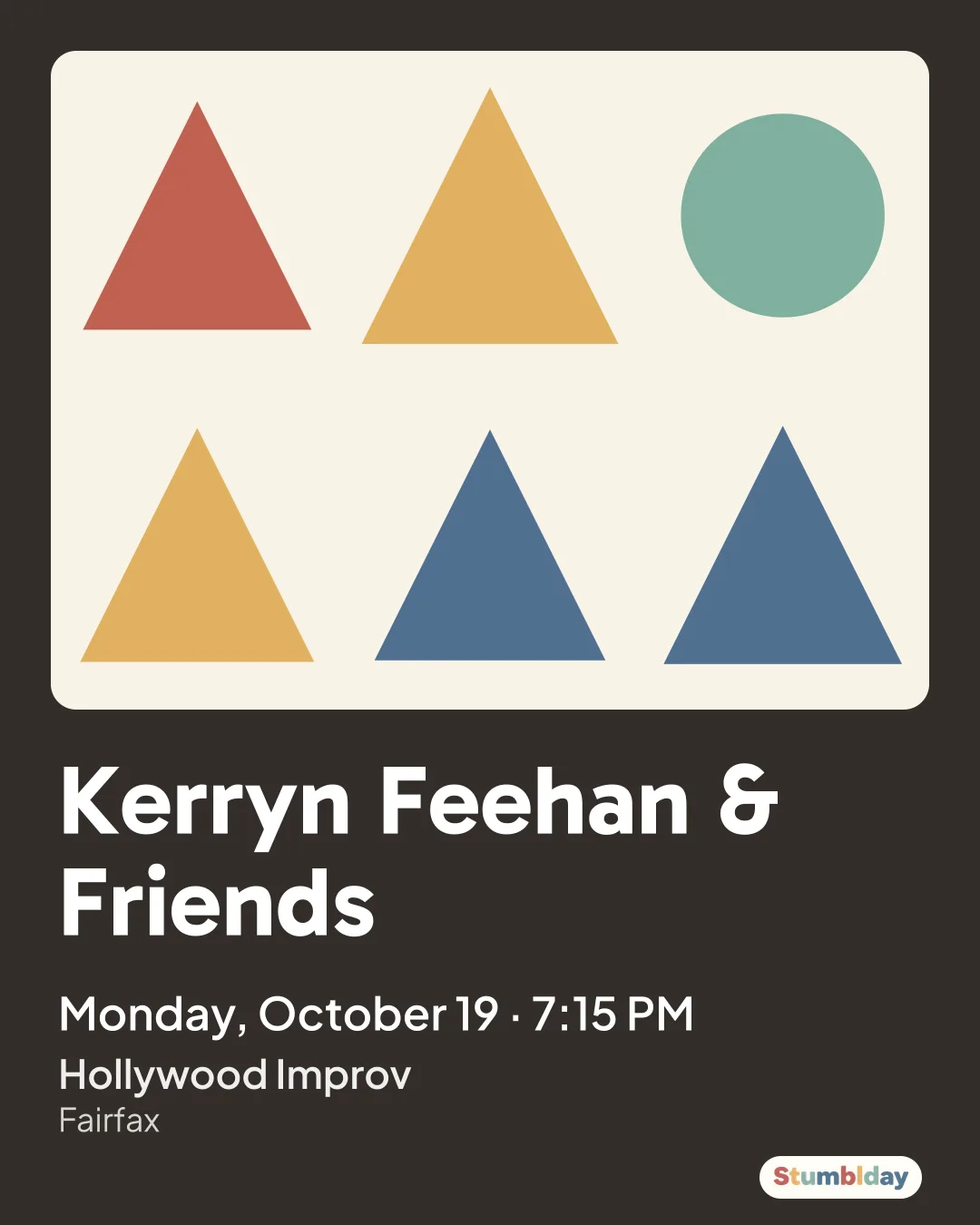 Flyer for Kerryn Feehan & Friends: Monday, October 19 · 7:15 PM at Hollywood Improv