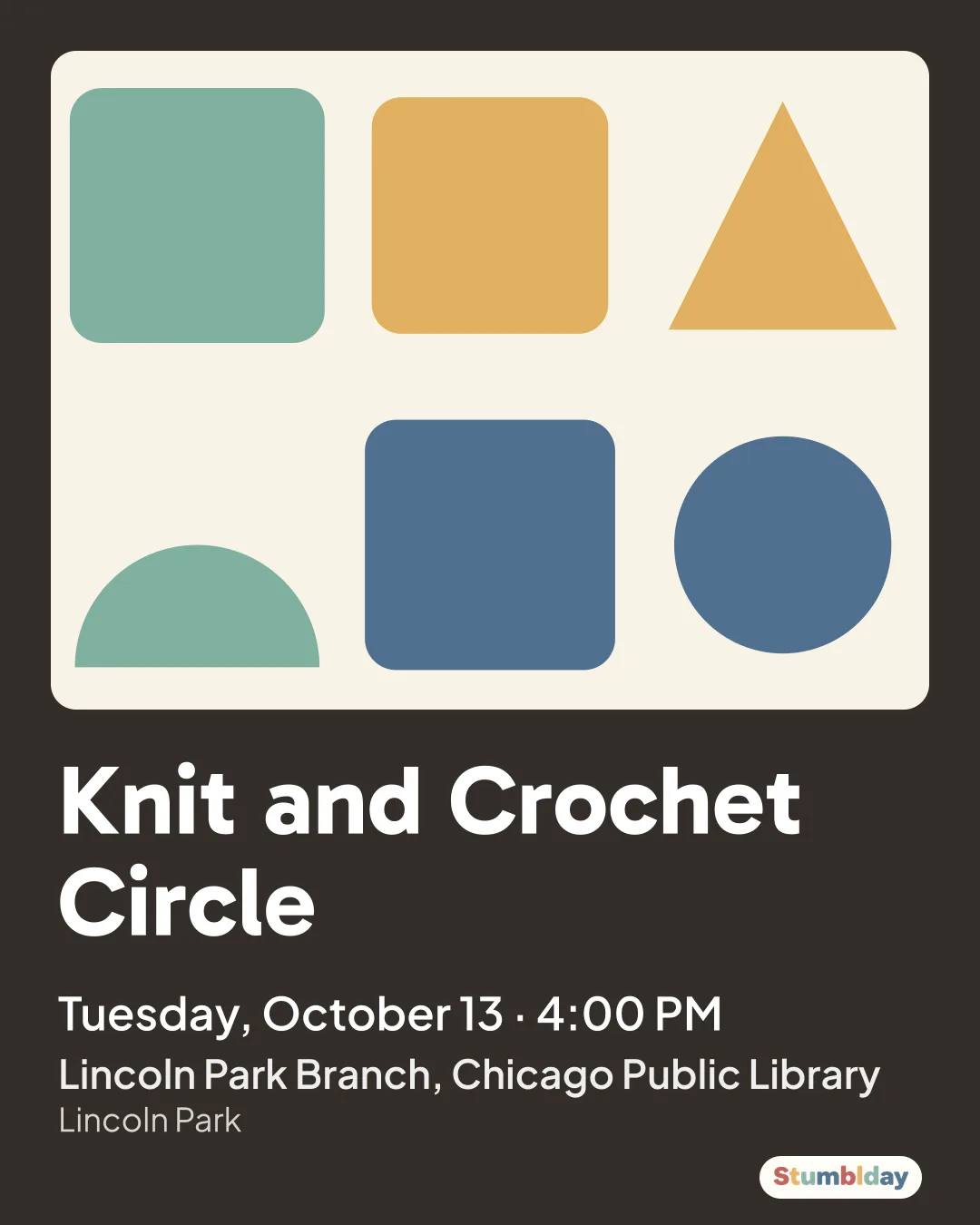 Flyer for Knit and Crochet Circle: Tuesday, October 6 · 4:00 PM at Lincoln Park Branch, Chicago Public Library