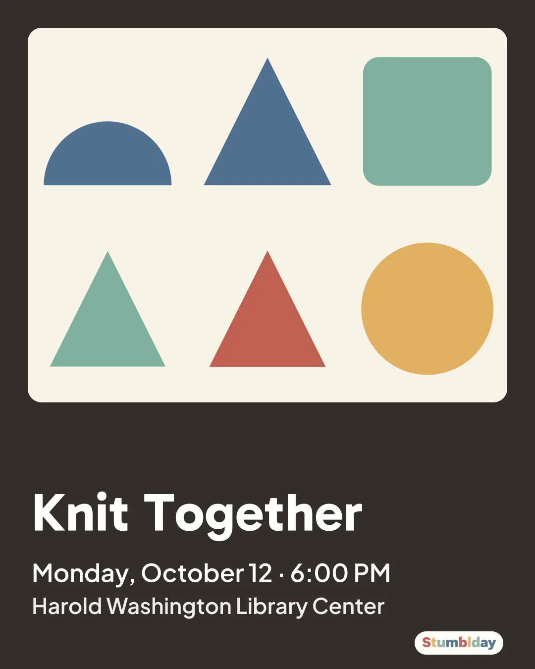Flyer for Knit Together: Monday, October 5 · 6:00 PM at Harold Washington Library Center