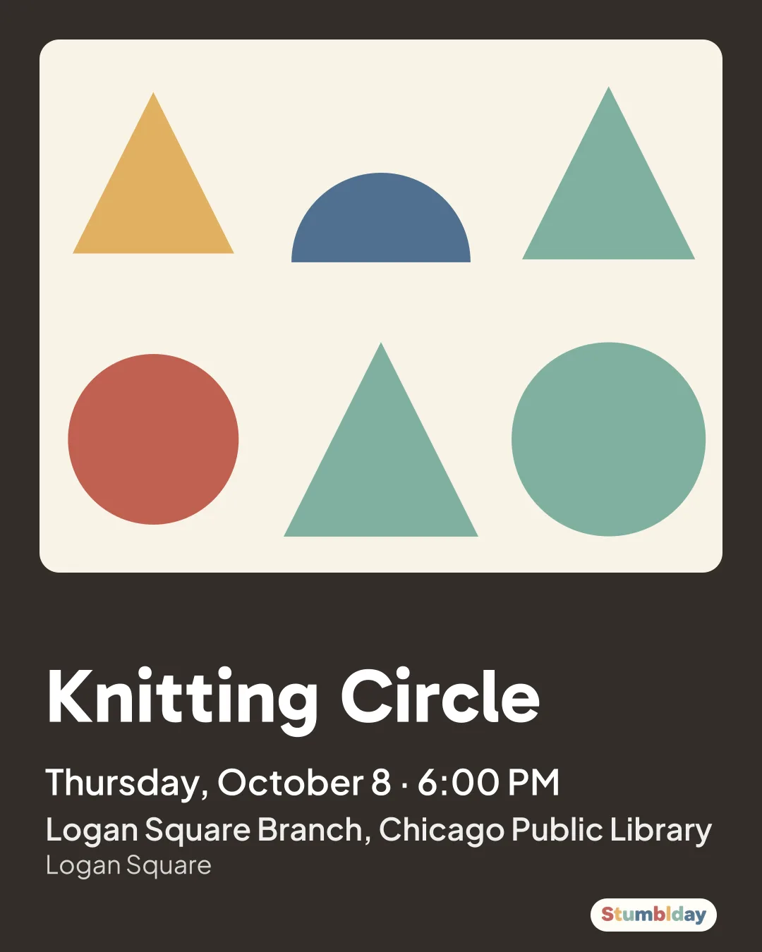 Flyer for Knitting Circle: Thursday, October 8 · 6:00 PM at Logan Square Branch, Chicago Public Library