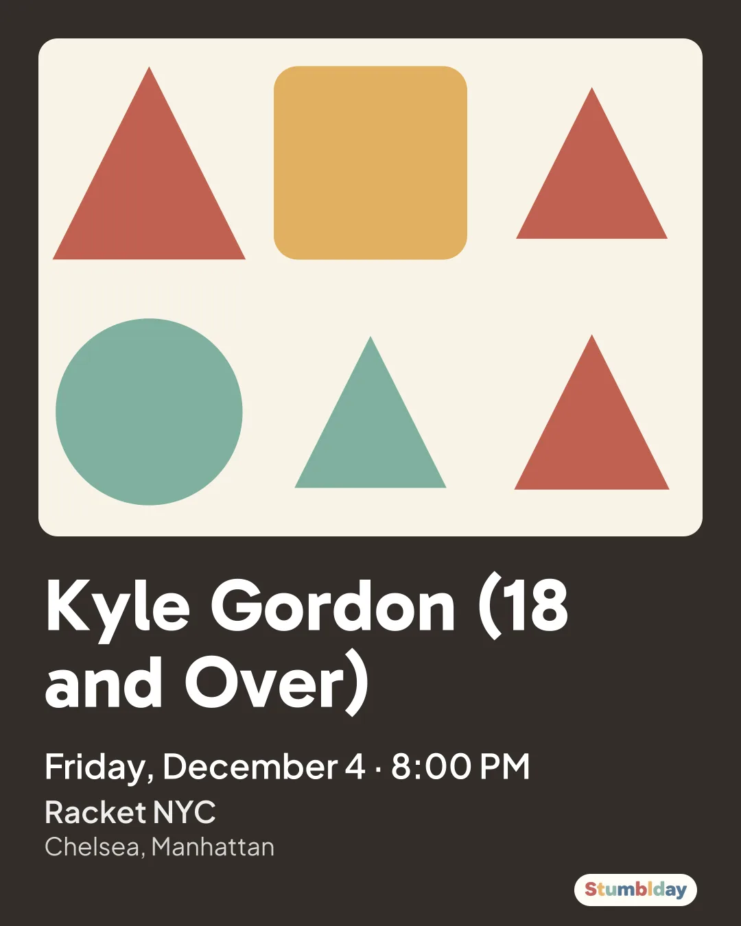 Flyer for Kyle Gordon (18 and Over): Friday, December 4 · 8:00 PM at Racket NYC