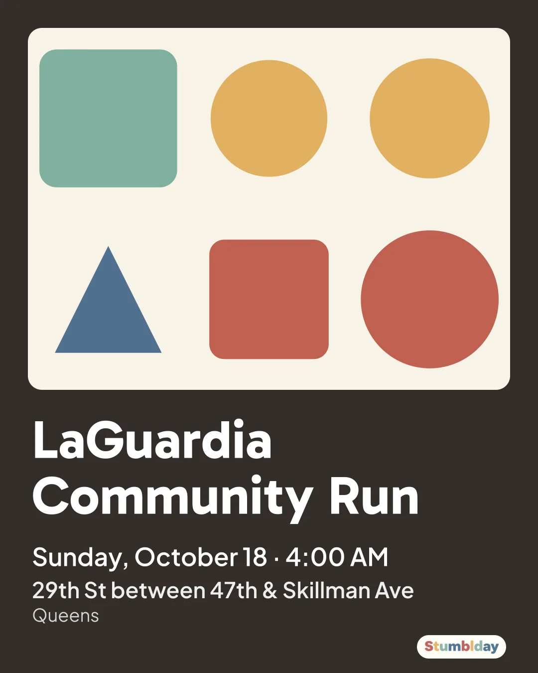 Flyer for LaGuardia Community Run: Sunday, October 18 · 4:00 AM at 29th St between 47th & Skillman Ave