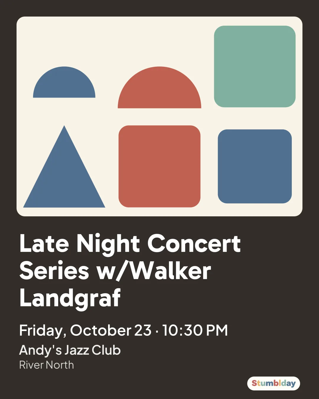 Flyer for Late Night Concert Series w/Walker Landgraf: Friday, October 23 · 10:30 PM at Andy's Jazz Club