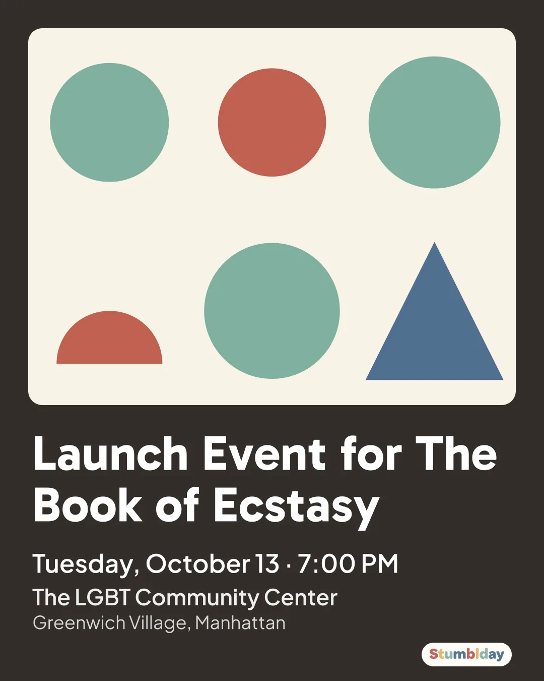 Flyer for Launch Event for The Book of Ecstasy: Tuesday, October 13 · 7:00 PM at The LGBT Community Center