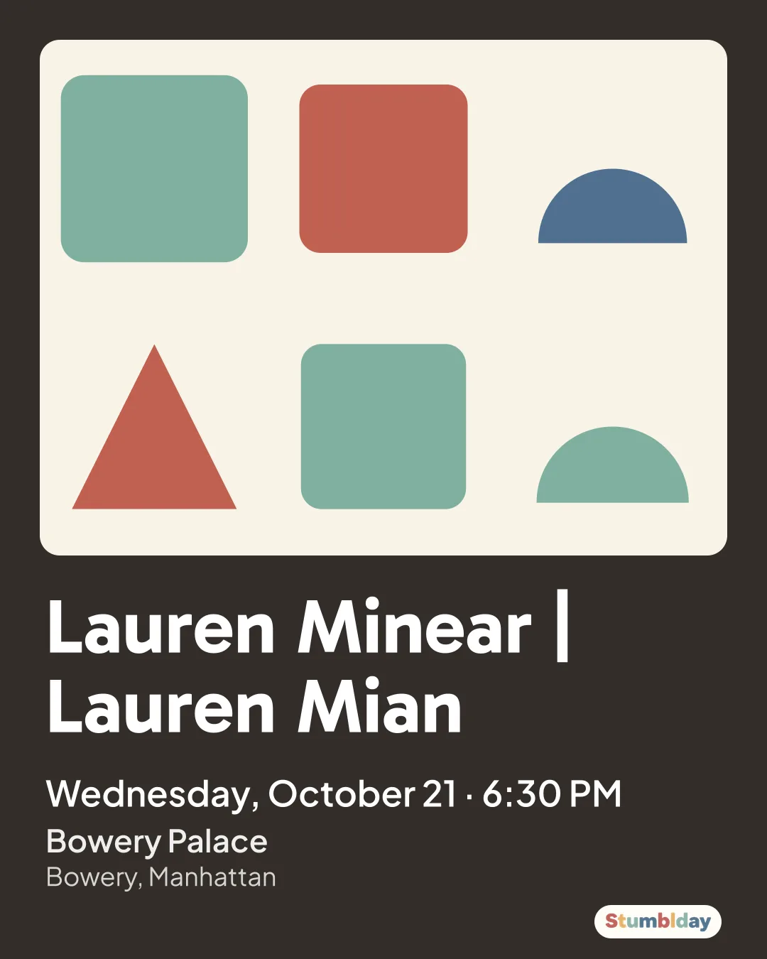 Flyer for Lauren Minear | Lauren Mian: Wednesday, October 21 · 6:30 PM at Bowery Palace