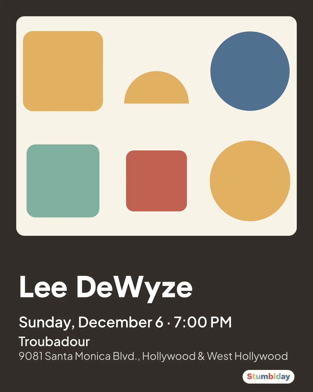 Flyer for Lee DeWyze: Sunday, December 6 · 7:00 PM at Troubadour