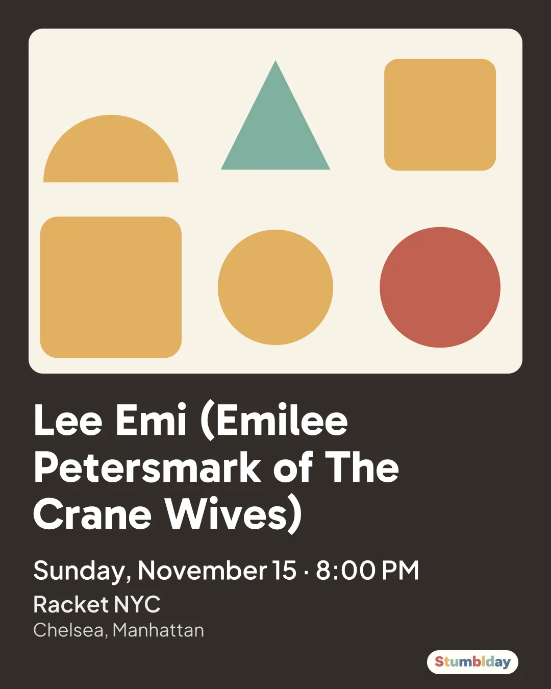 Flyer for Lee Emi (Emilee Petersmark of The Crane Wives): Sunday, November 15 · 8:00 PM at Racket NYC