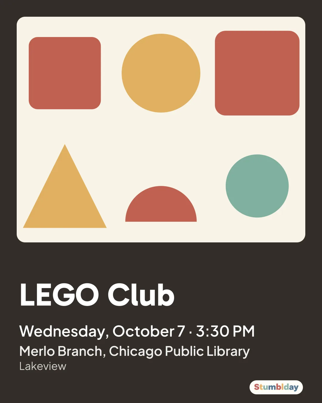 Flyer for LEGO® Club: Wednesday, October 7 · 3:30 PM at Merlo Branch, Chicago Public Library