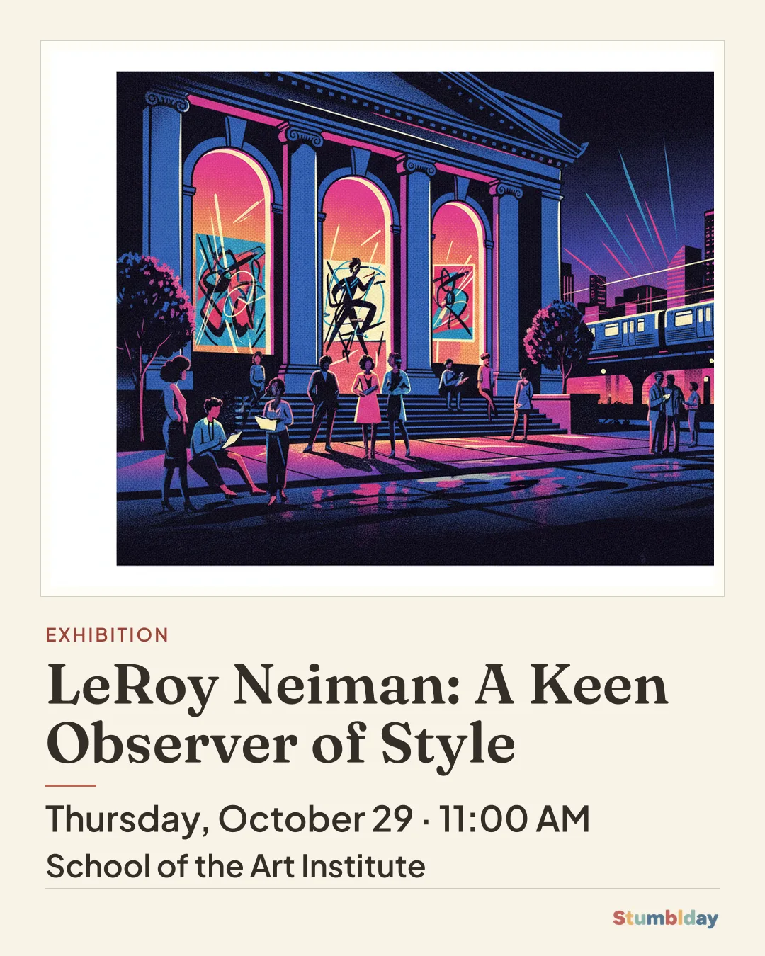 Flyer for LeRoy Neiman: A Keen Observer of Style: Thursday, October 29 · 11:00 AM at School of the Art Institute