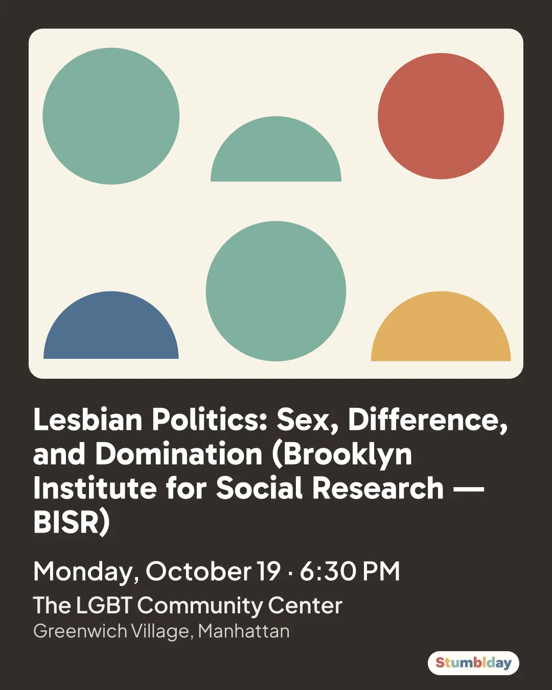 Flyer for Lesbian Politics: Sex, Difference, and Domination (Brooklyn Institute for Social Research — BISR): Monday, October 19 · 6:30 PM at The LGBT Community Center