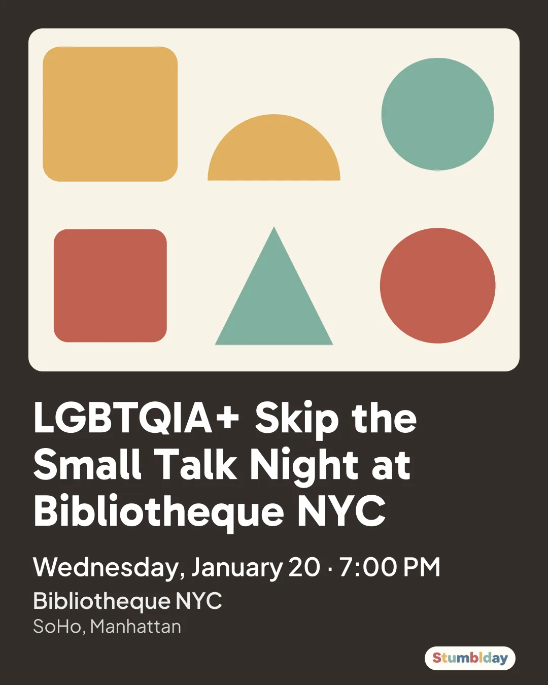 Flyer for LGBTQIA+ Skip the Small Talk Night at Bibliotheque NYC: Wednesday, January 20 · 7:00 PM at Bibliotheque NYC