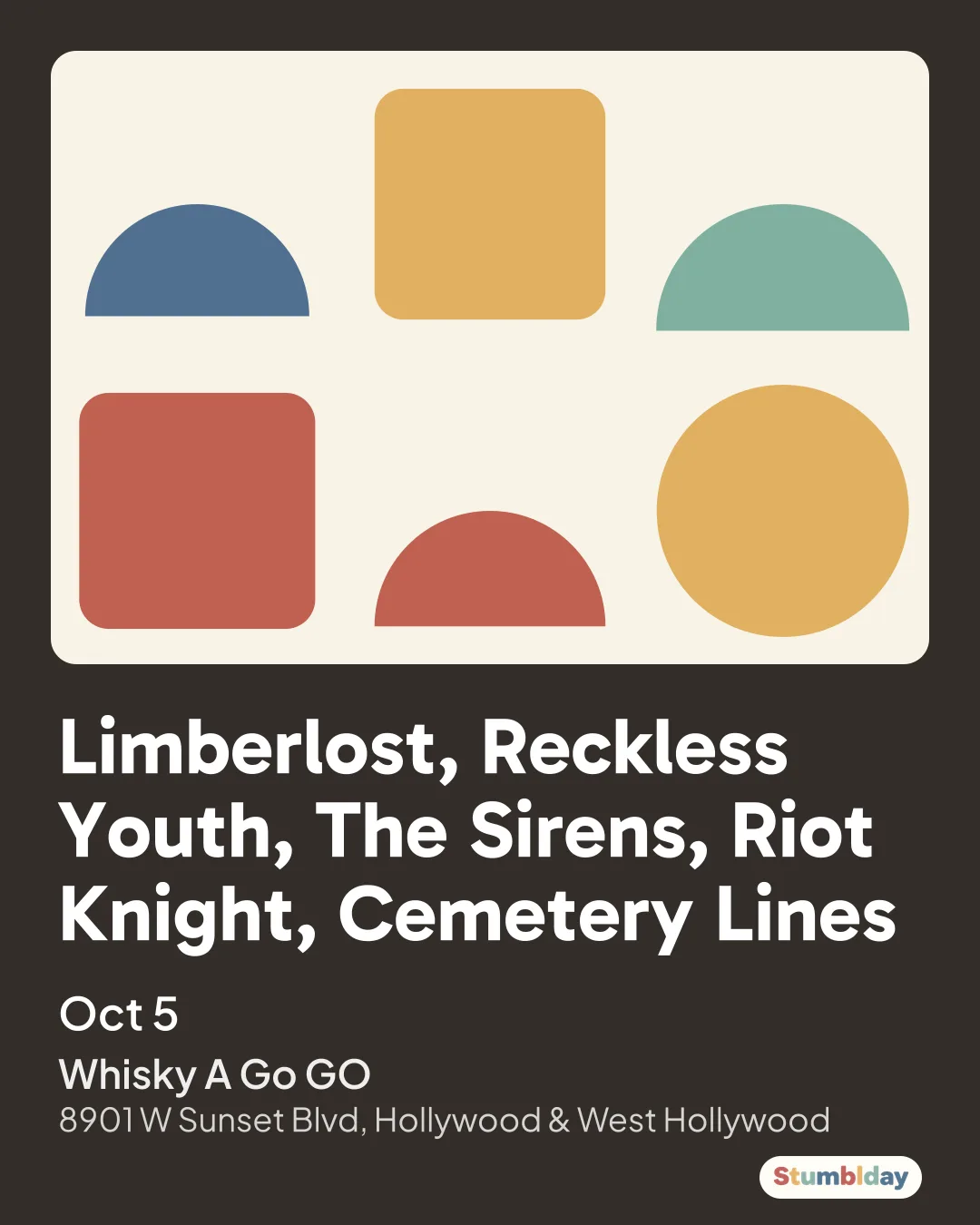 Flyer for Limberlost, Reckless Youth, The Sirens, Riot Knight, Cemetery Lines: Oct 5 at Whisky A Go GO