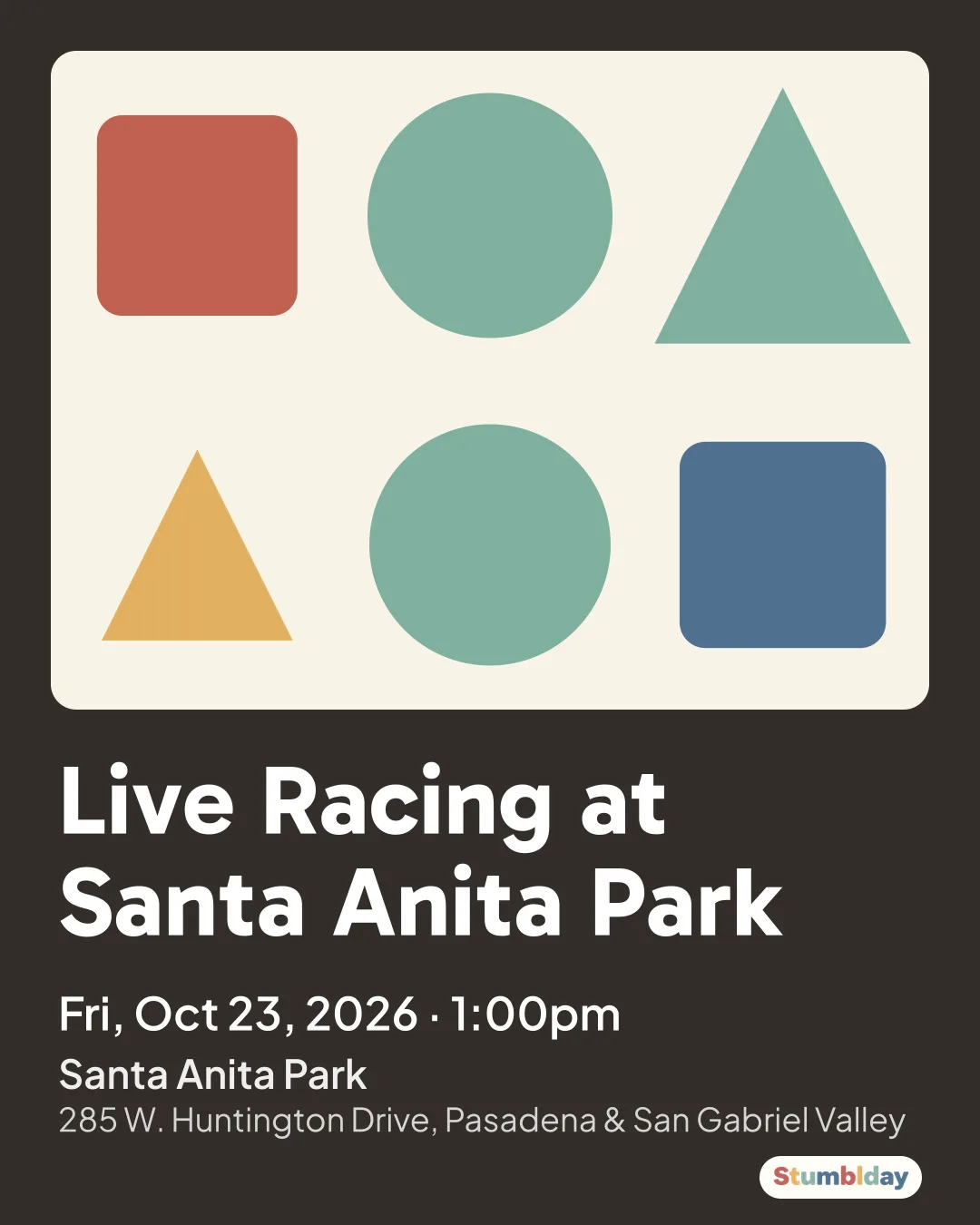 Flyer for Live Racing at Santa Anita Park: Fri, Oct 23, 2026 · 1:00pm at Santa Anita Park