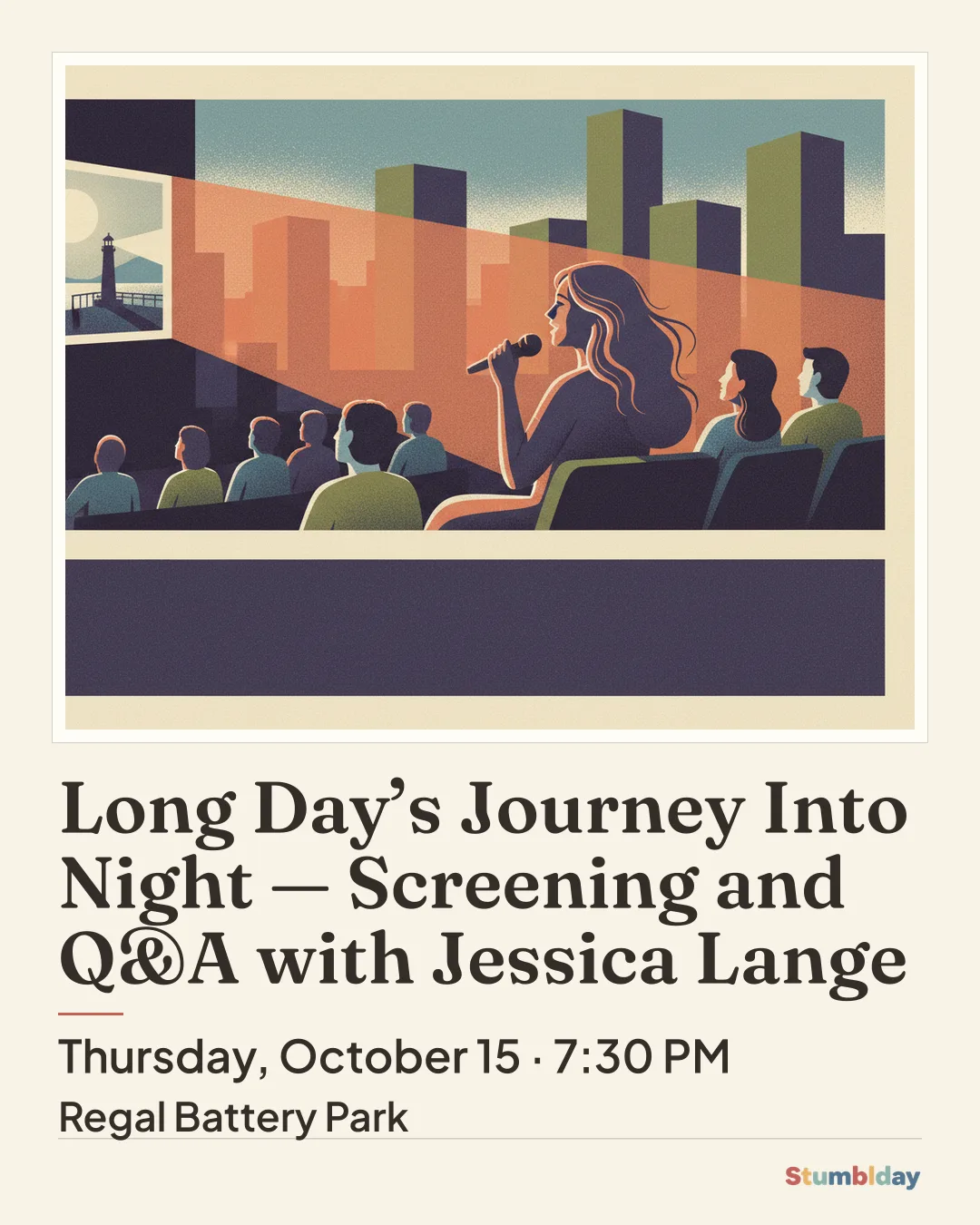 Flyer for Long Day’s Journey Into Night — Screening and Q&A with Jessica Lange: Thursday, October 15 · 7:30 PM at Regal Battery Park