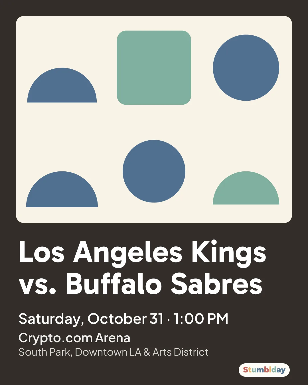 Flyer for Los Angeles Kings vs. Buffalo Sabres: Saturday, October 31 · 1:00 PM at Crypto.com Arena