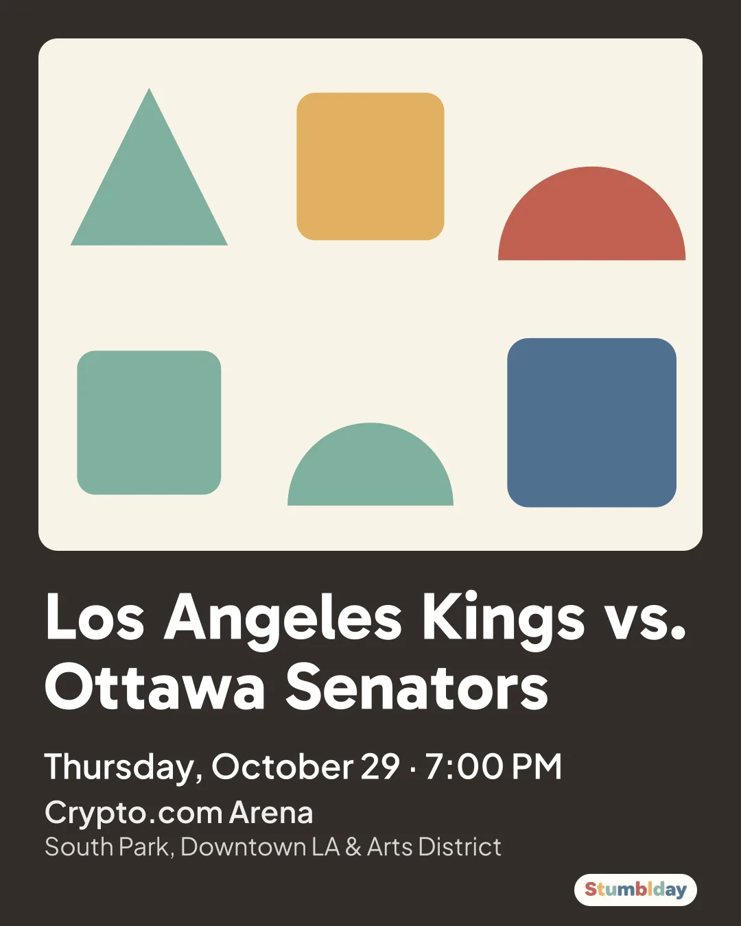 Flyer for Los Angeles Kings vs. Ottawa Senators: Thursday, October 29 · 7:00 PM at Crypto.com Arena