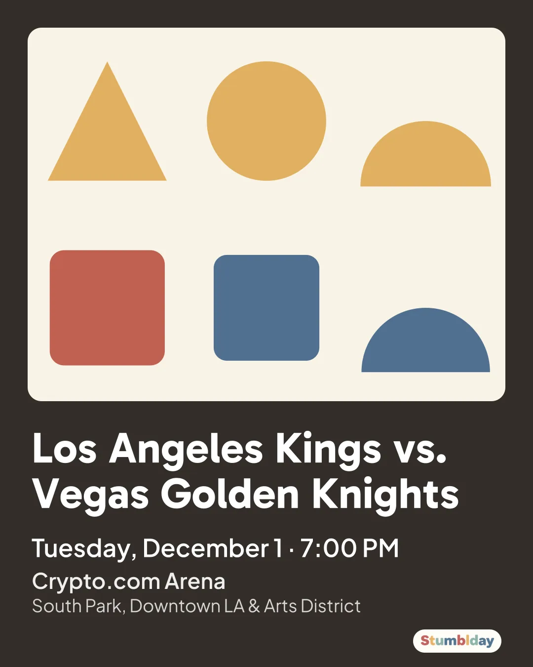 Flyer for Los Angeles Kings vs. Vegas Golden Knights: Tuesday, December 1 · 7:00 PM at Crypto.com Arena