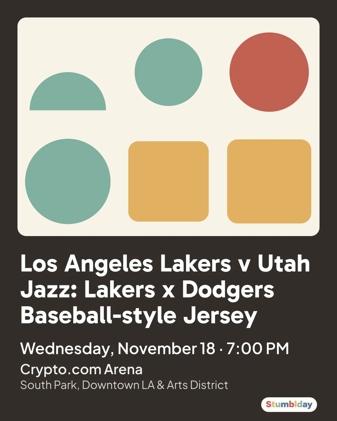 Flyer for Los Angeles Lakers v Utah Jazz: Lakers x Dodgers Baseball-style Jersey: Wednesday, November 18 · 7:00 PM at Crypto.com Arena