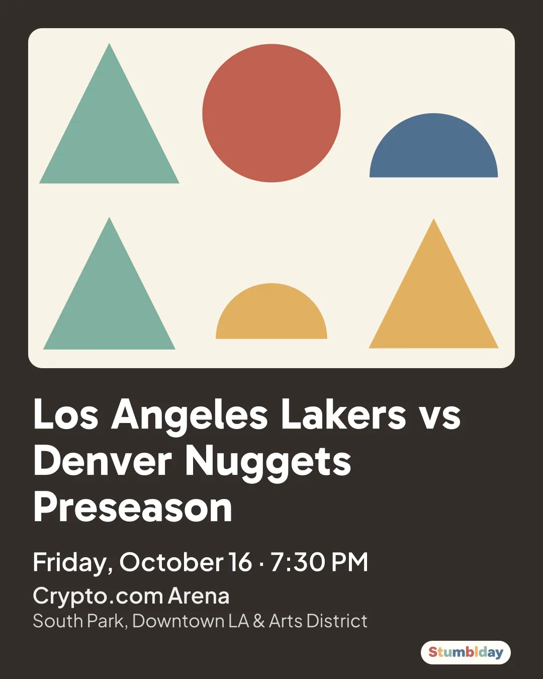 Flyer for Los Angeles Lakers vs Denver Nuggets Preseason: Friday, October 16 · 7:30 PM at Crypto.com Arena