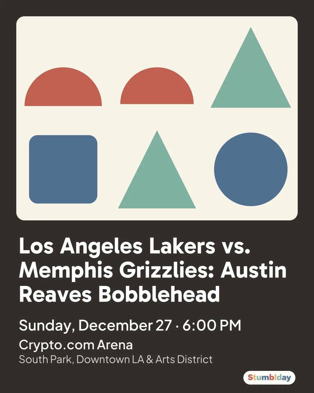 Flyer for Los Angeles Lakers vs. Memphis Grizzlies: Austin Reaves Bobblehead: Sunday, December 27 · 6:00 PM at Crypto.com Arena